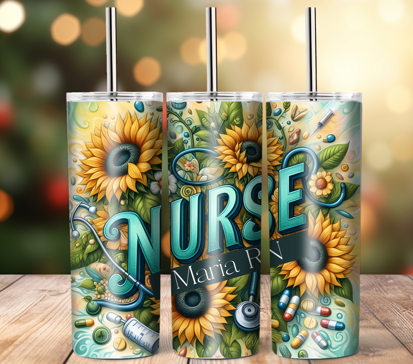 Personalized Nurse Tumbler with Sunflowers & Stethoscopes – 20oz Stainless Steel Travel Cup with Lid & Straw
