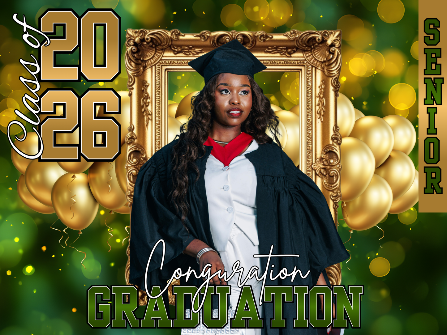 Graduation Yard Sign - Personalized 'Class of 2026' Photo Announcement with Gold Balloons & 'Congratulations'