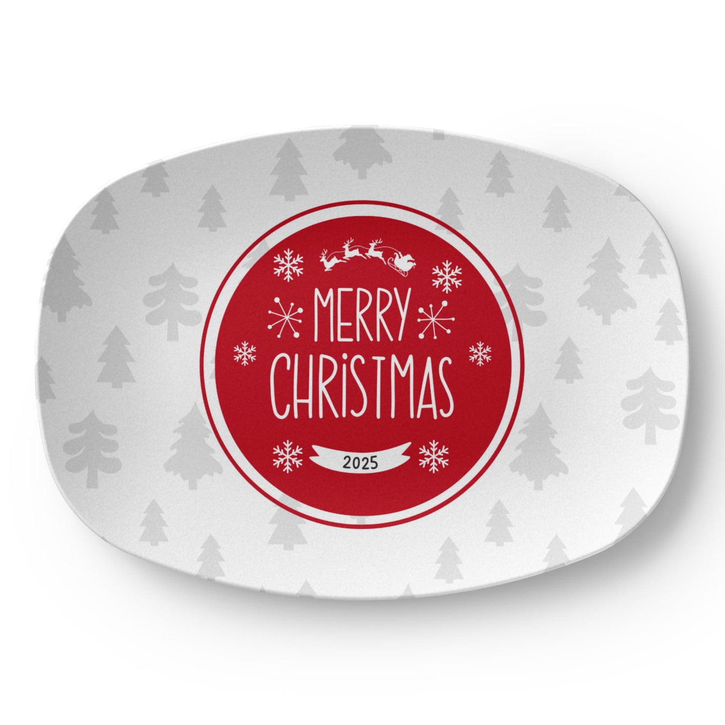 “Personalized Merry Christmas Platter – Red Holiday Serving Dish with Christmas Tree Design, 10x14 Oval”