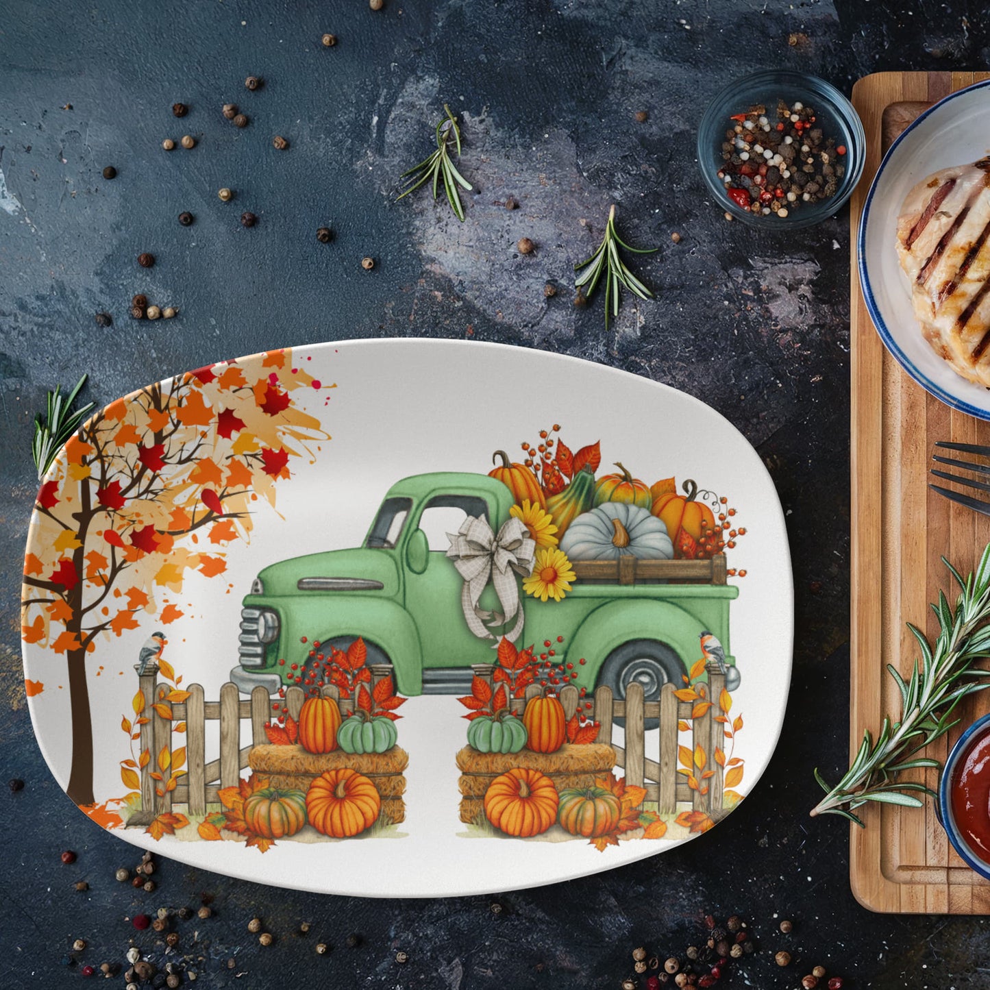 Personalized Fall Pumpkin Truck Platter – 10x14 Thanksgiving Serving Dish | Autumn Farmhouse Tableware