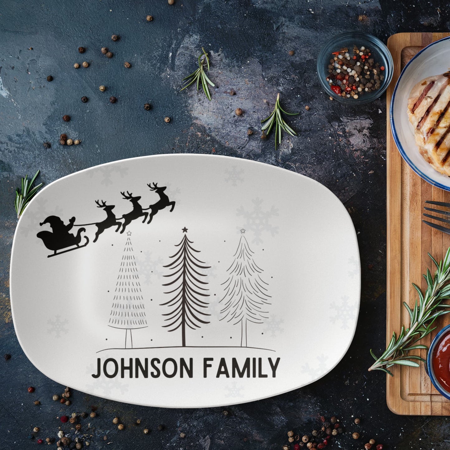 Personalized Christmas Platter with Name – Custom Holiday Serving Tray with Xmas Tree, Reindeer, Santa & Snowflakes
