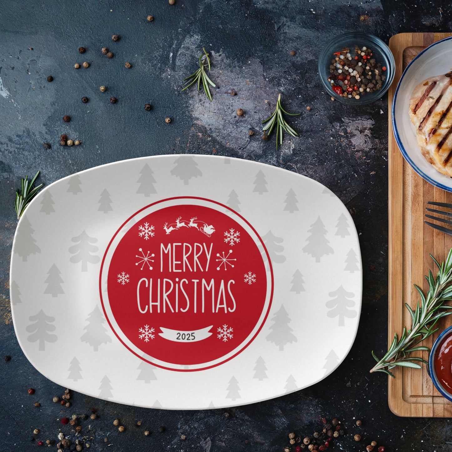 “Personalized Merry Christmas Platter – Red Holiday Serving Dish with Christmas Tree Design, 10x14 Oval”