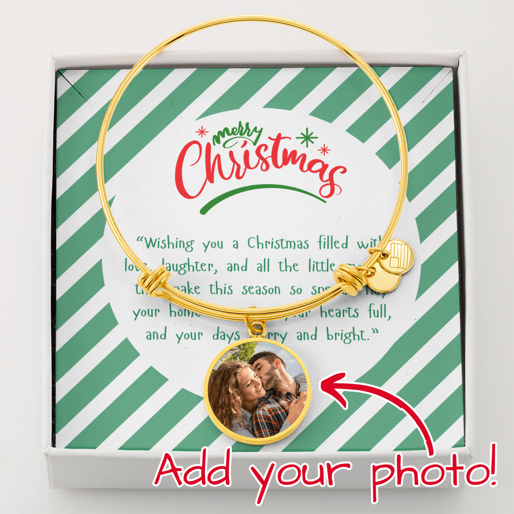 “Merry Christmas Personalized Luxury Circle Bangle – Custom Christmas Gift with Message Card | Buyer Upload Photo Bracelet”