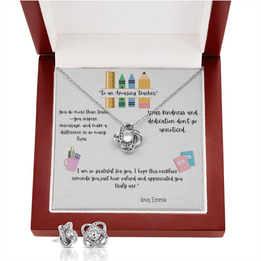 Love Knot Necklace & Earring Set for Teacher – Thank You Teacher Jewelry Gift for Teacher Appreciation, End of Year