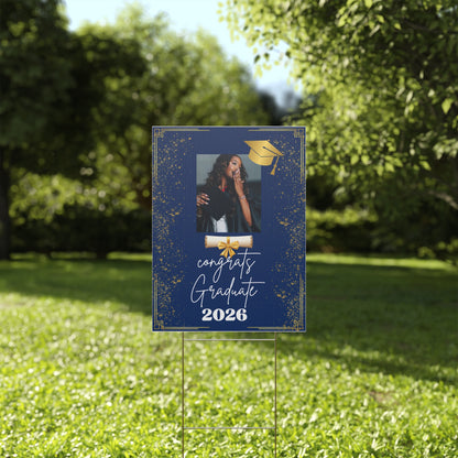Graduation Yard Sign - Congrats Graduate 2026 Photo Plaque (Navy & Gold) Personalized Graduation Yard Sign 2026 with Photo 18X24 in
