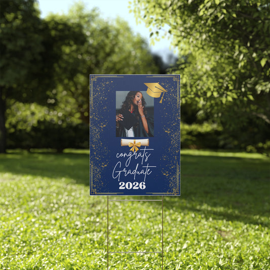 Graduation Yard Sign - Congrats Graduate 2026 Photo Plaque (Navy & Gold) Personalized Graduation Yard Sign 2026 with Photo 18X24 in