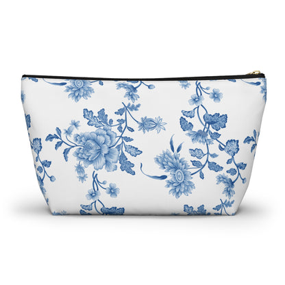 Personalized Blue Floral Accessory Pouch, Custom Name Makeup Bag
