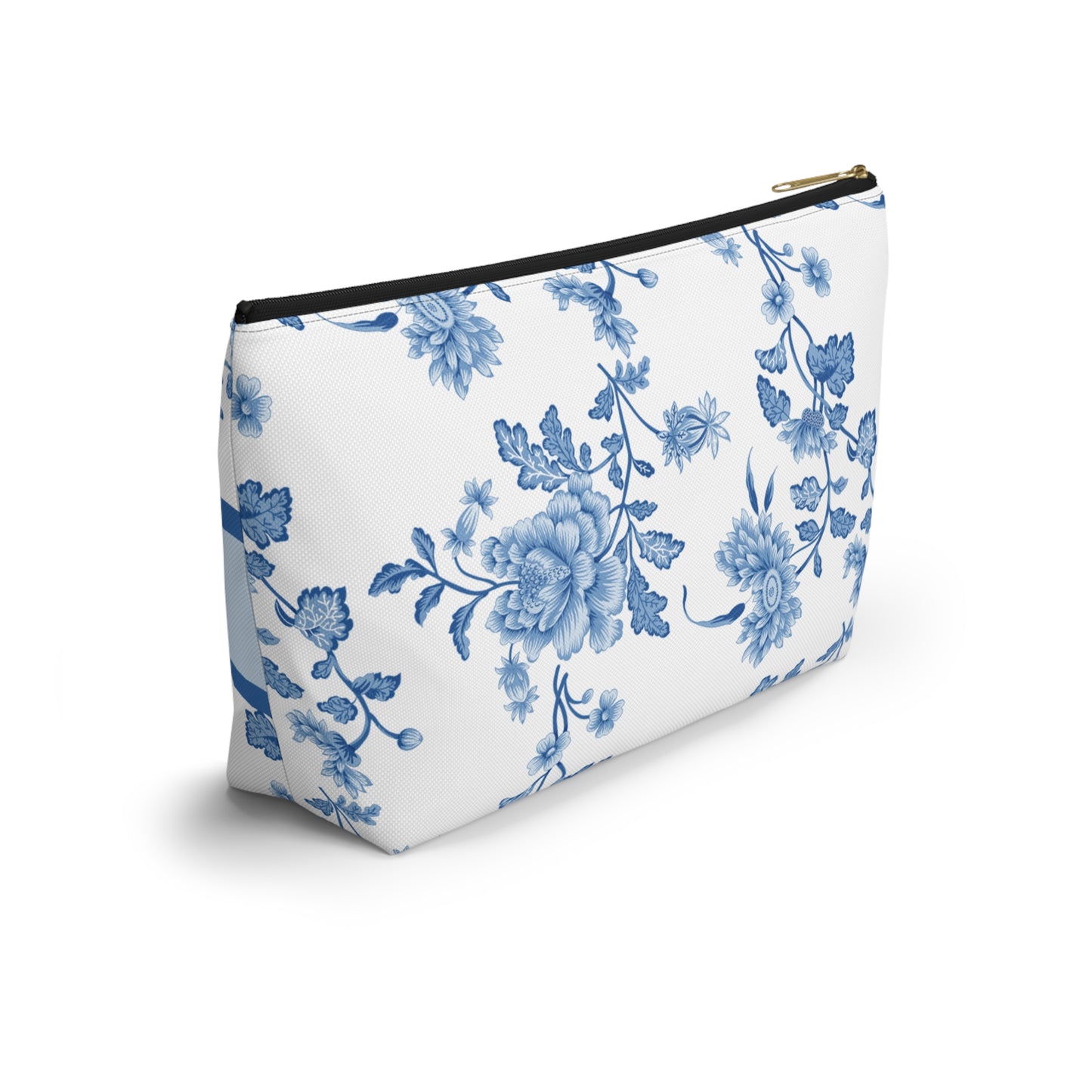 Personalized Blue Floral Accessory Pouch, Custom Name Makeup Bag