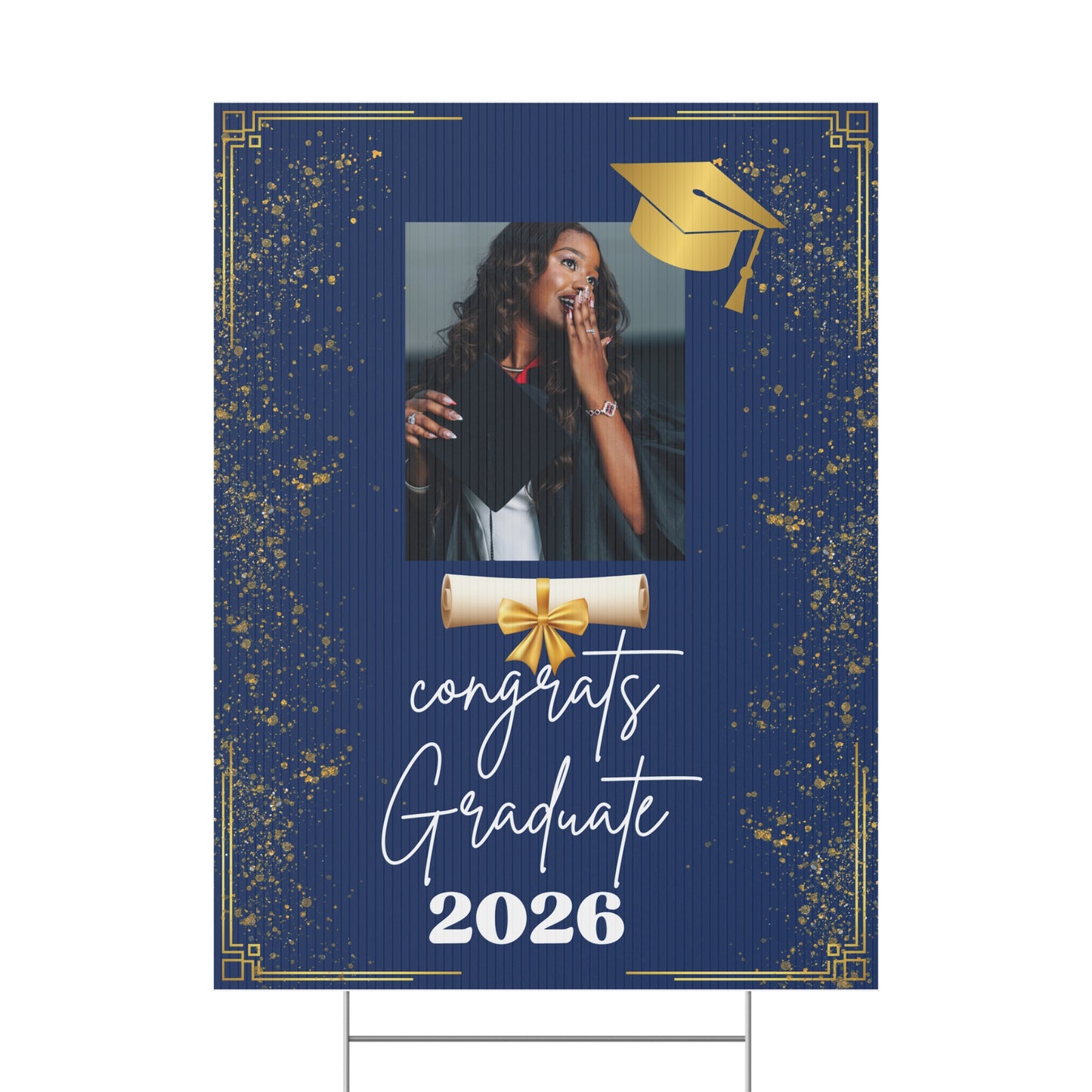 Graduation Yard Sign - Congrats Graduate 2026 Photo Plaque (Navy & Gold) Personalized Graduation Yard Sign 2026 with Photo 18X24 in