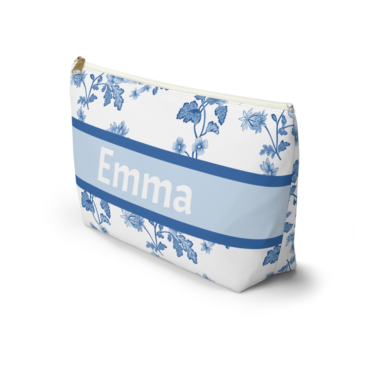 Personalized Blue Floral Accessory Pouch, Custom Name Makeup Bag