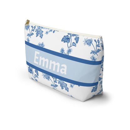 Personalized Blue Floral Accessory Pouch, Custom Name Makeup Bag