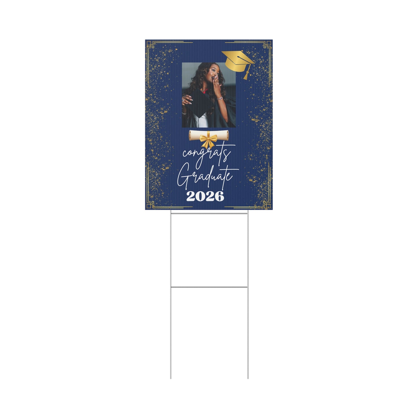 Graduation Yard Sign - Congrats Graduate 2026 Photo Plaque (Navy & Gold) Personalized Graduation Yard Sign 2026 with Photo 18X24 in