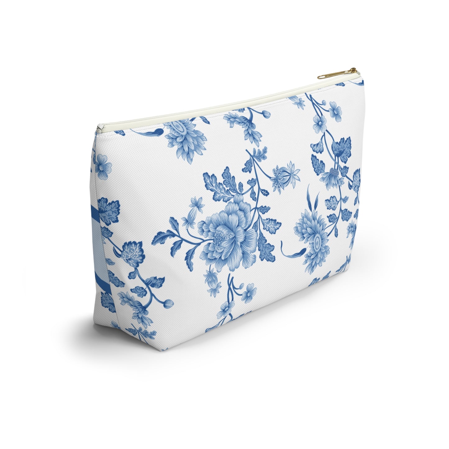 Personalized Blue Floral Accessory Pouch, Custom Name Makeup Bag