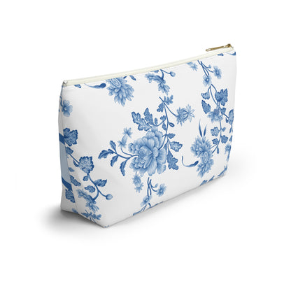 Personalized Blue Floral Accessory Pouch, Custom Name Makeup Bag