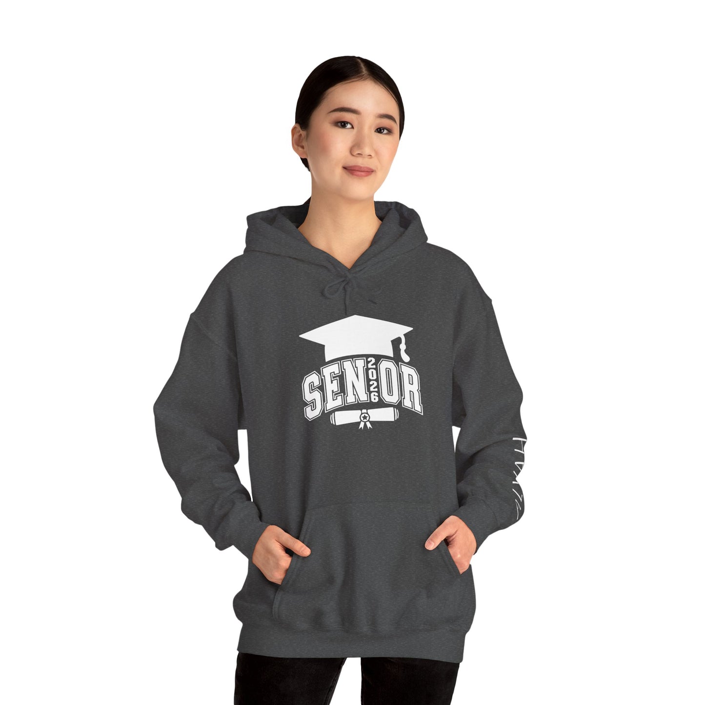 Graduate 2026 Minimal Classic Hoodie Sweatshirt with Custom Name on Sleeve – Personalized Graduation Gift Hoodie for Him or Her