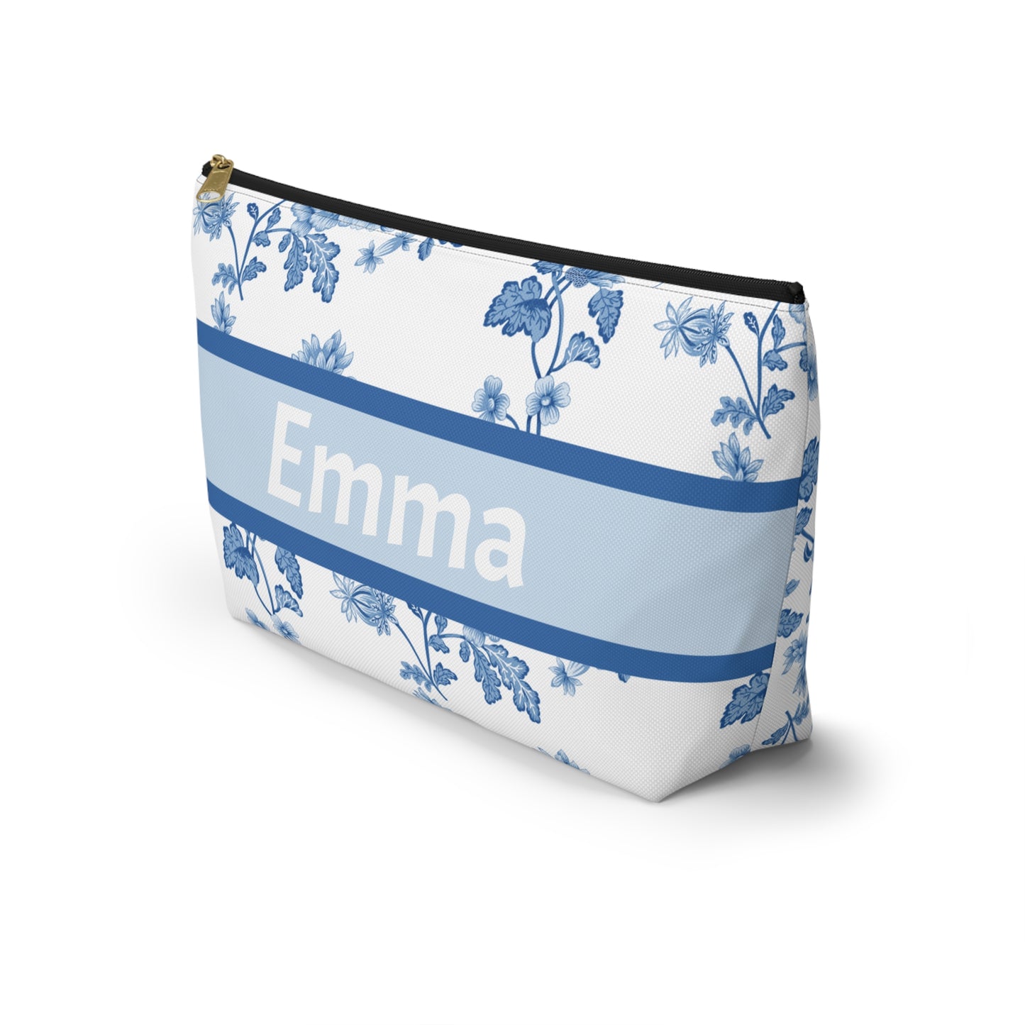 Personalized Blue Floral Accessory Pouch, Custom Name Makeup Bag