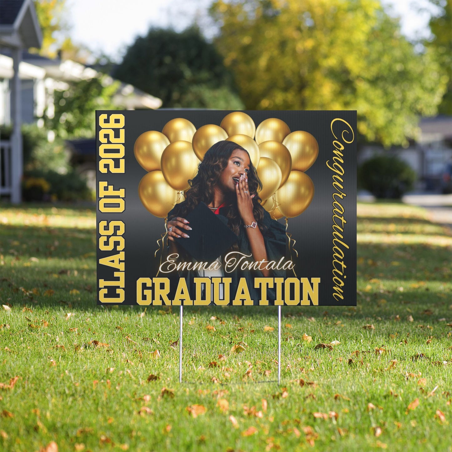 Graduation Yard Sign - Personalized 'Class of 2026' Photo Announcement with Gold Balloons & 'Congratulations'