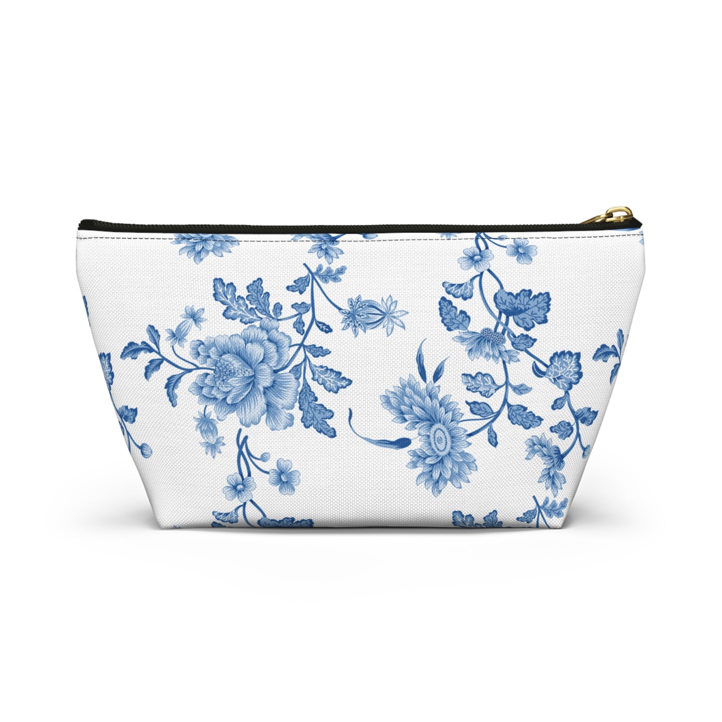 Personalized Blue Floral Accessory Pouch, Custom Name Makeup Bag