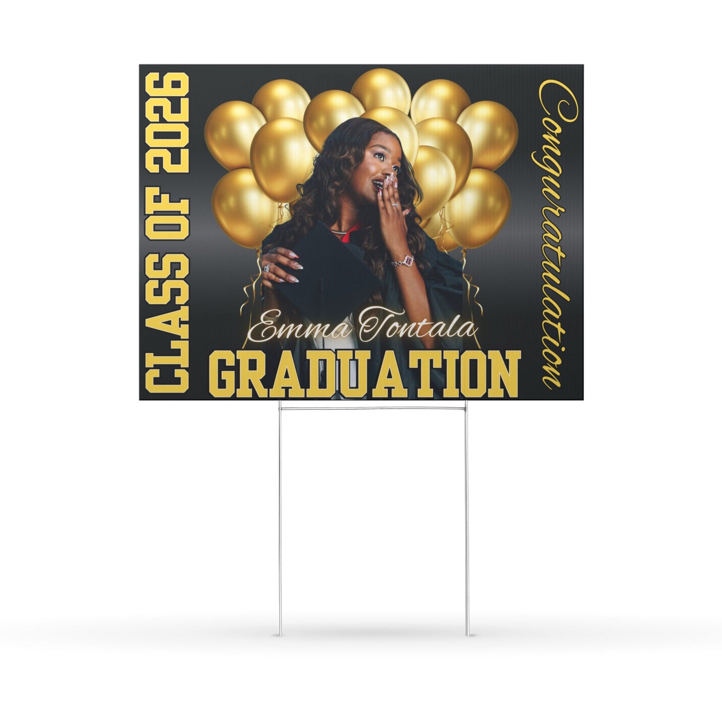 Graduation Yard Sign - Personalized 'Class of 2026' Photo Announcement with Gold Balloons & 'Congratulations'