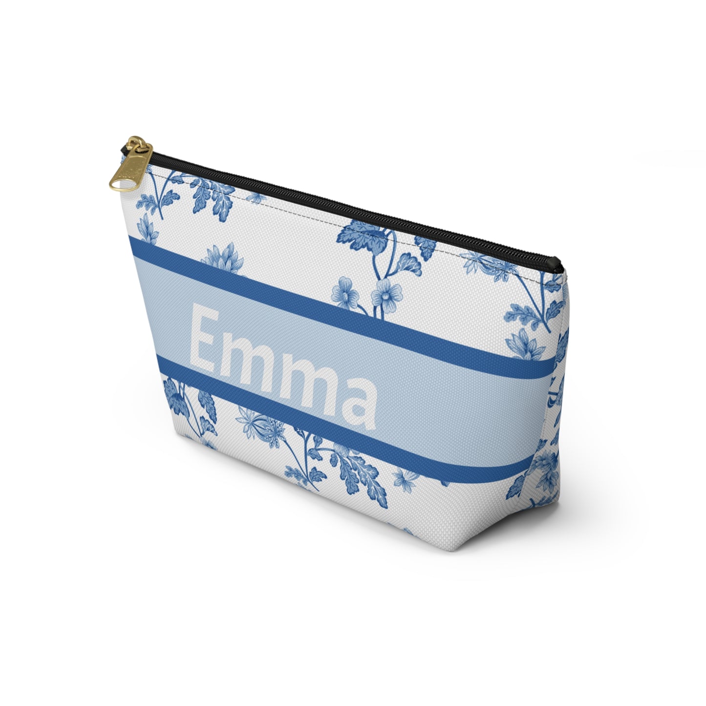 Personalized Blue Floral Accessory Pouch, Custom Name Makeup Bag