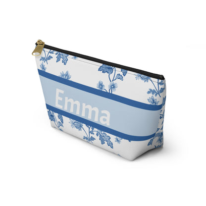 Personalized Blue Floral Accessory Pouch, Custom Name Makeup Bag