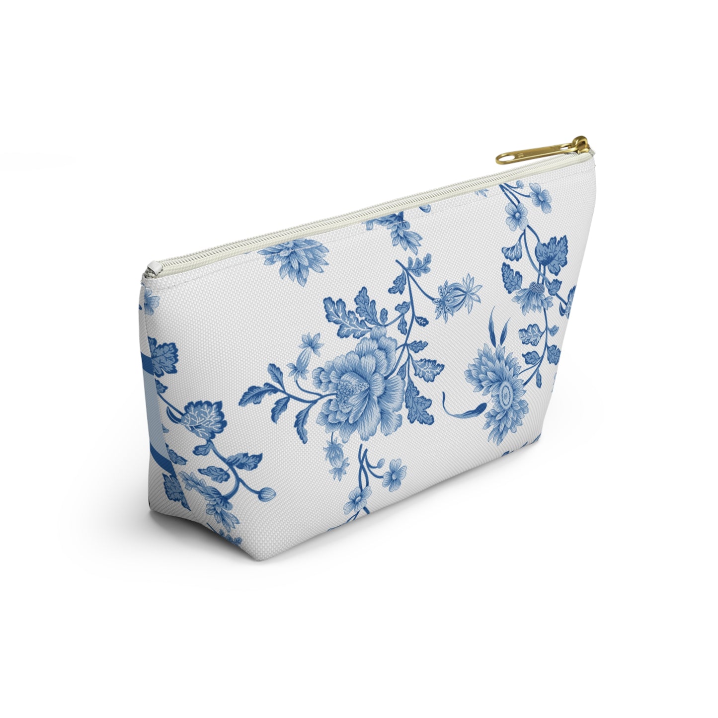 Personalized Blue Floral Accessory Pouch, Custom Name Makeup Bag