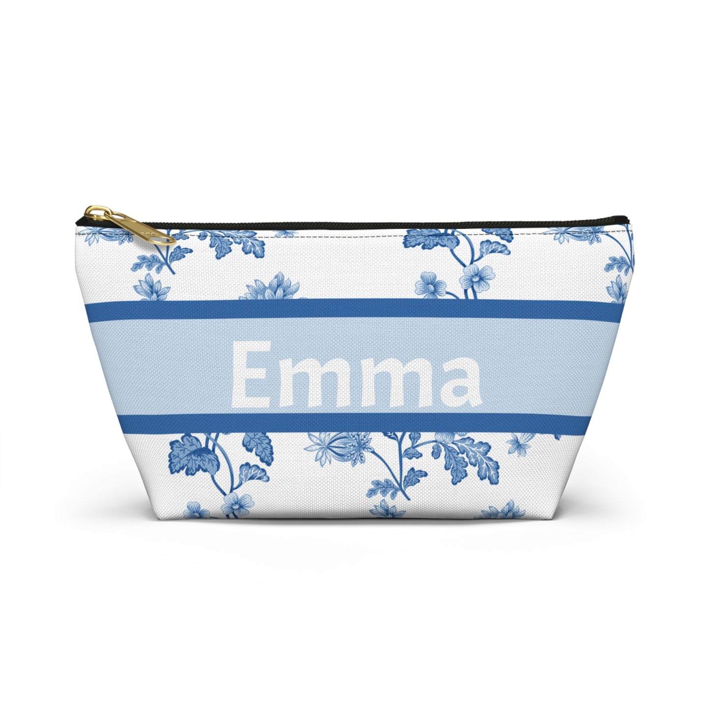 Personalized Blue Floral Accessory Pouch, Custom Name Makeup Bag