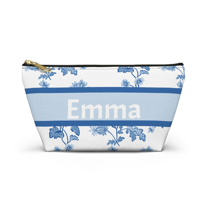 Personalized Blue Floral Accessory Pouch, Custom Name Makeup Bag