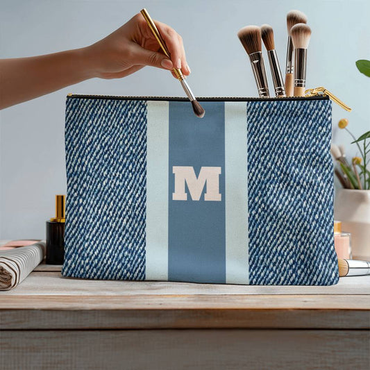 Custom Navy Blue Denim Cosmetic Bag – Personalized Monogram Letter Large Zippered Pouch for Travel & Makeup