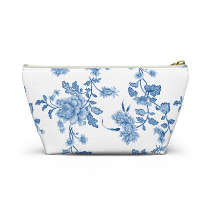 Personalized Blue Floral Accessory Pouch, Custom Name Makeup Bag