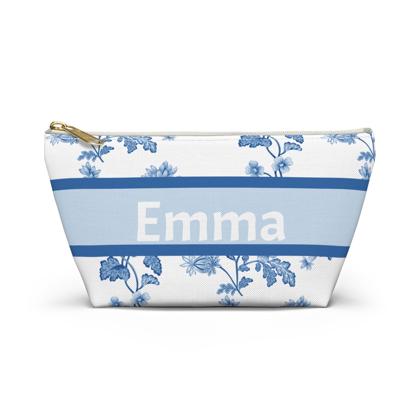 Personalized Blue Floral Accessory Pouch, Custom Name Makeup Bag