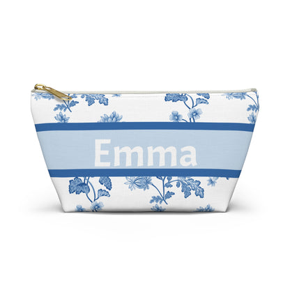Personalized Blue Floral Accessory Pouch, Custom Name Makeup Bag