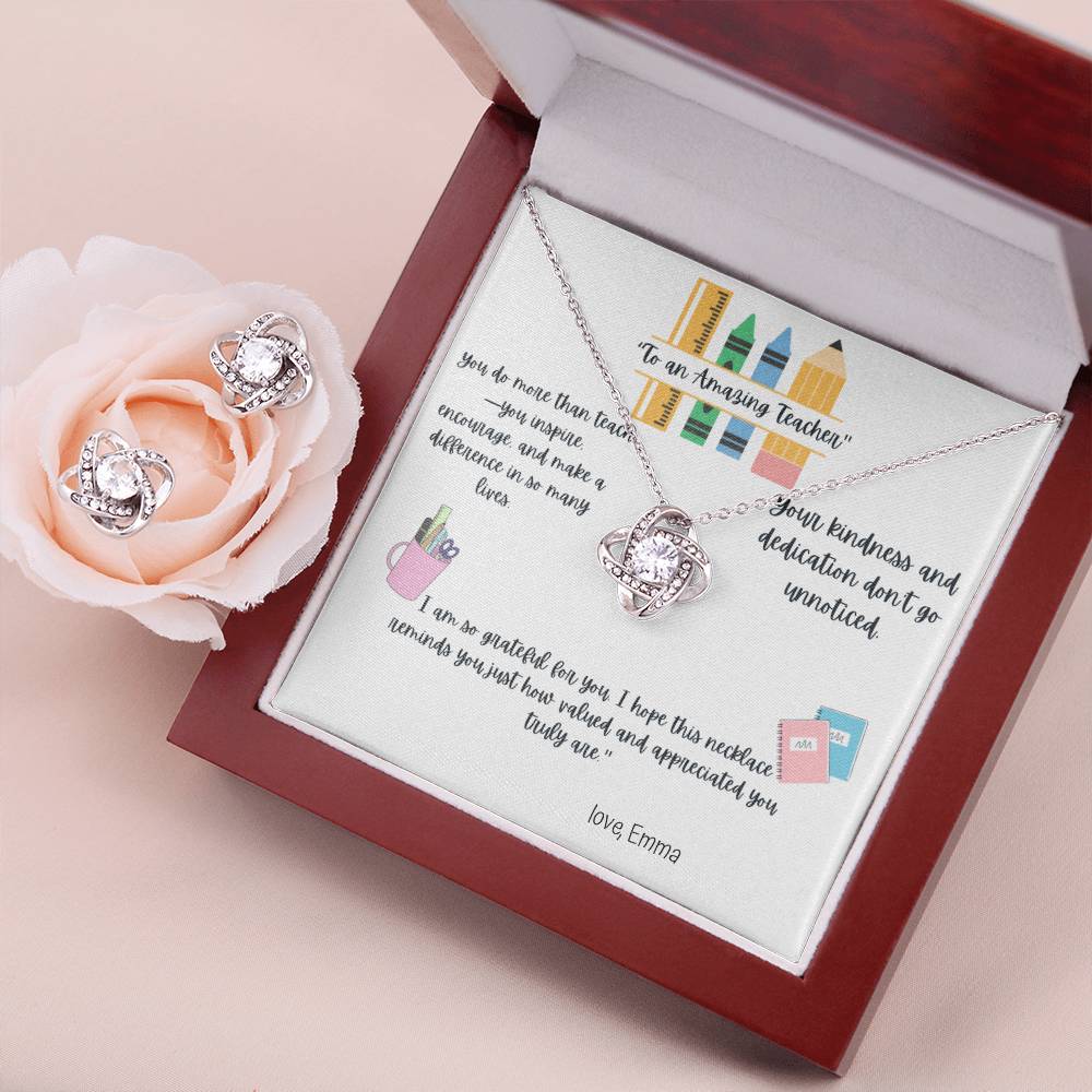 Love Knot Necklace & Earring Set for Teacher – Thank You Teacher Jewelry Gift for Teacher Appreciation, End of Year
