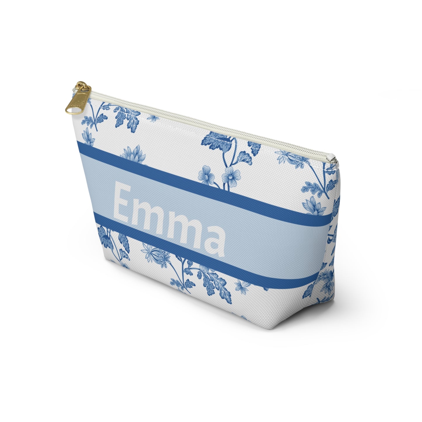 Personalized Blue Floral Accessory Pouch, Custom Name Makeup Bag