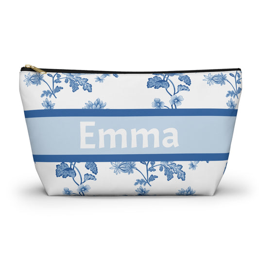 Personalized Blue Floral Accessory Pouch, Custom Name Makeup Bag