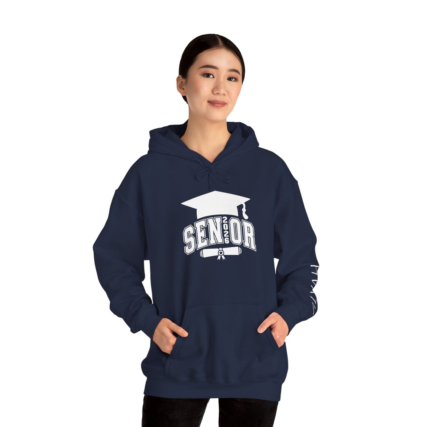 Graduate 2026 Minimal Classic Hoodie Sweatshirt with Custom Name on Sleeve – Personalized Graduation Gift Hoodie for Him or Her