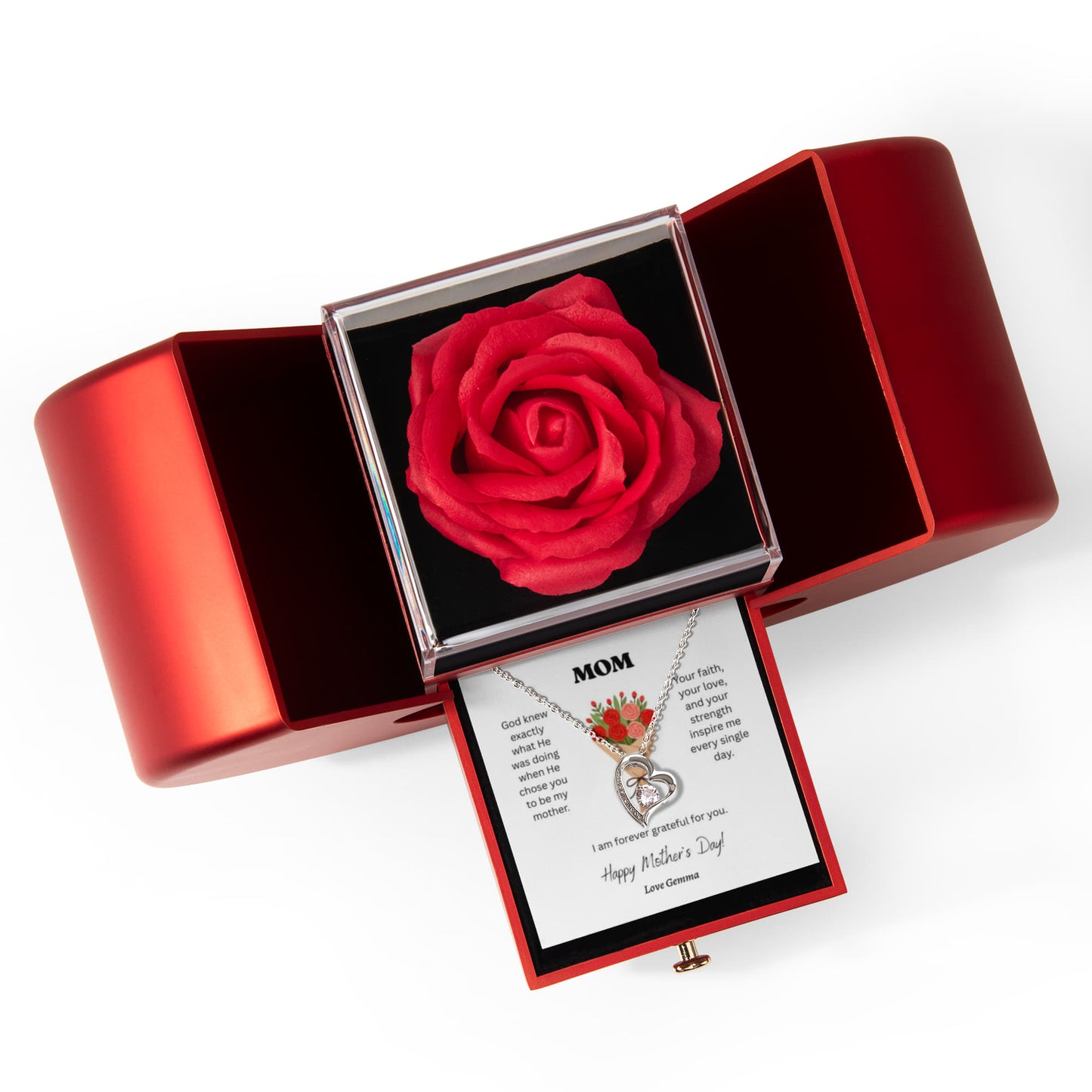 Mother’s Day Forever Love Necklace with Eternal Red Rose Heart Box – 14K White Gold or 18K Gold Heart Pendant Gift for Mom, Wife, or Her