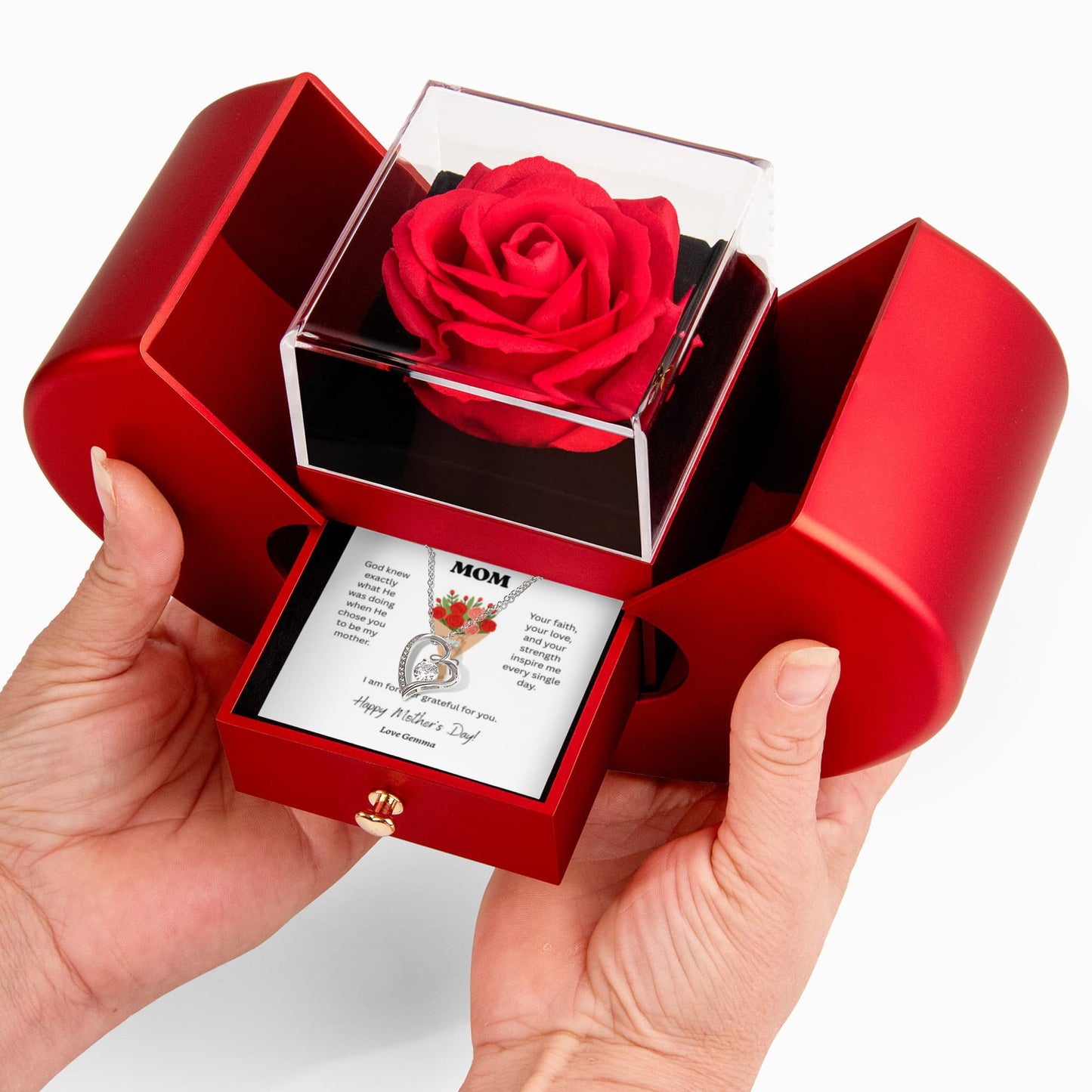 Mother’s Day Forever Love Necklace with Eternal Red Rose Heart Box – 14K White Gold or 18K Gold Heart Pendant Gift for Mom, Wife, or Her