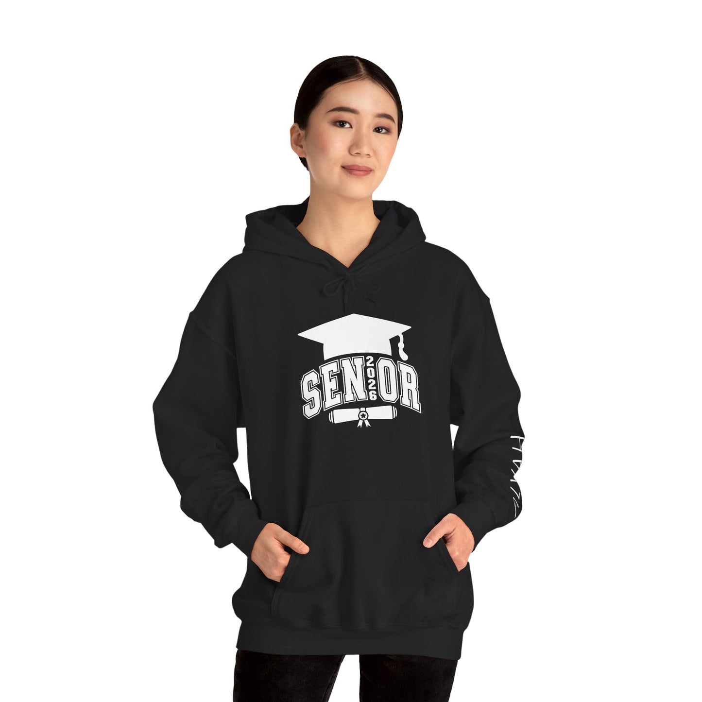 Graduate 2026 Minimal Classic Hoodie Sweatshirt with Custom Name on Sleeve – Personalized Graduation Gift Hoodie for Him or Her