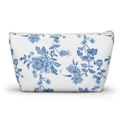 Personalized Blue Floral Accessory Pouch, Custom Name Makeup Bag