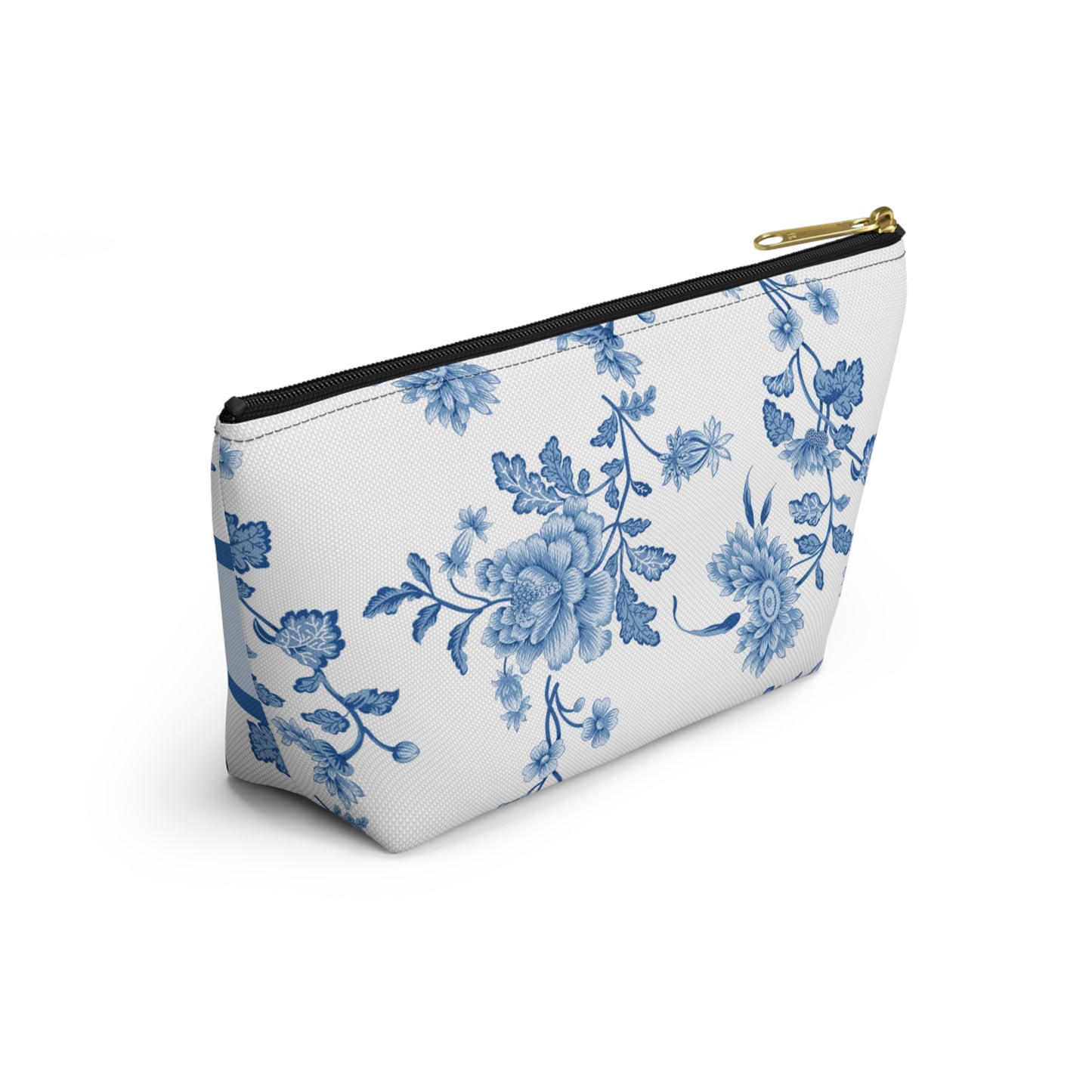 Personalized Blue Floral Accessory Pouch, Custom Name Makeup Bag