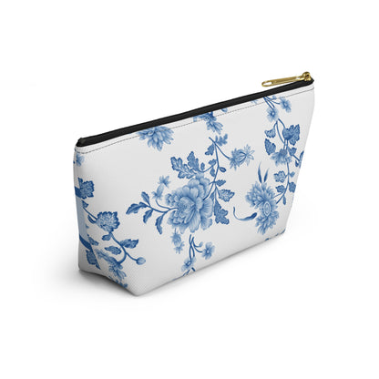 Personalized Blue Floral Accessory Pouch, Custom Name Makeup Bag