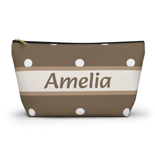 Personalized Brown beige pocka dots Accessory Pouch, Custom Name Makeup Bag