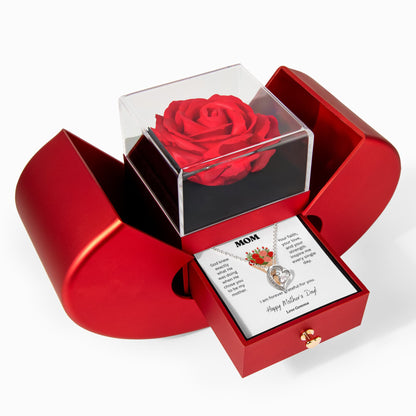 Mother’s Day Forever Love Necklace with Eternal Red Rose Heart Box – 14K White Gold or 18K Gold Heart Pendant Gift for Mom, Wife, or Her