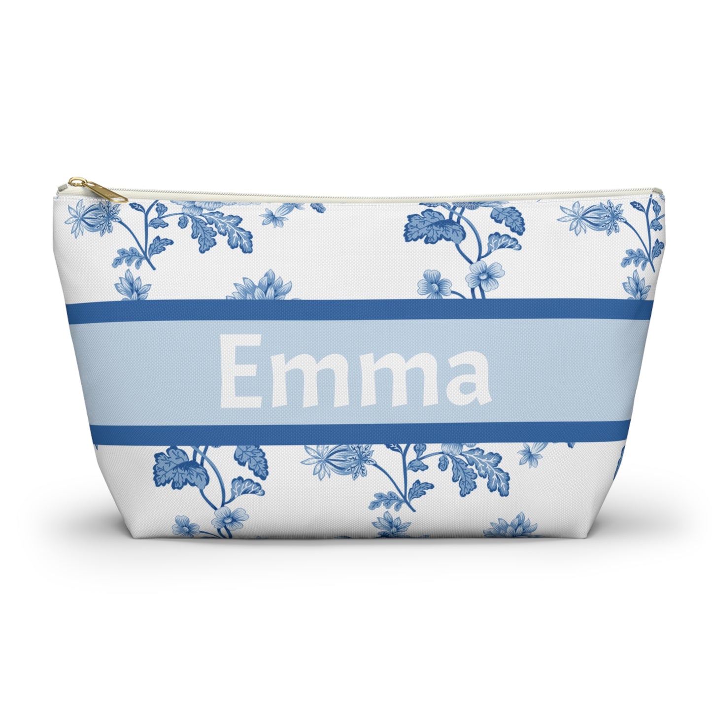 Personalized Blue Floral Accessory Pouch, Custom Name Makeup Bag