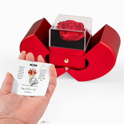 Mother’s Day Forever Love Necklace with Eternal Red Rose Heart Box – 14K White Gold or 18K Gold Heart Pendant Gift for Mom, Wife, or Her