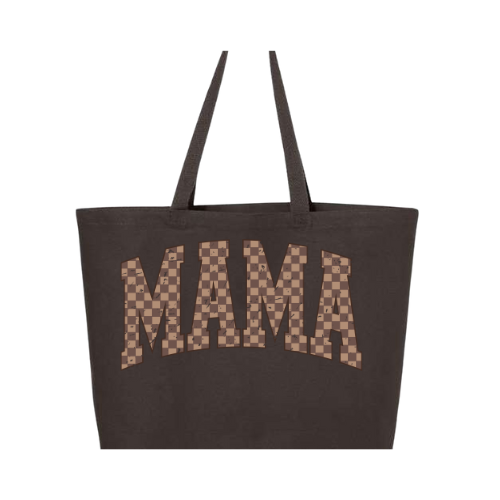 Retro Checkered "Mama" Tote Bag – Large Cotton Canvas Mom Bag