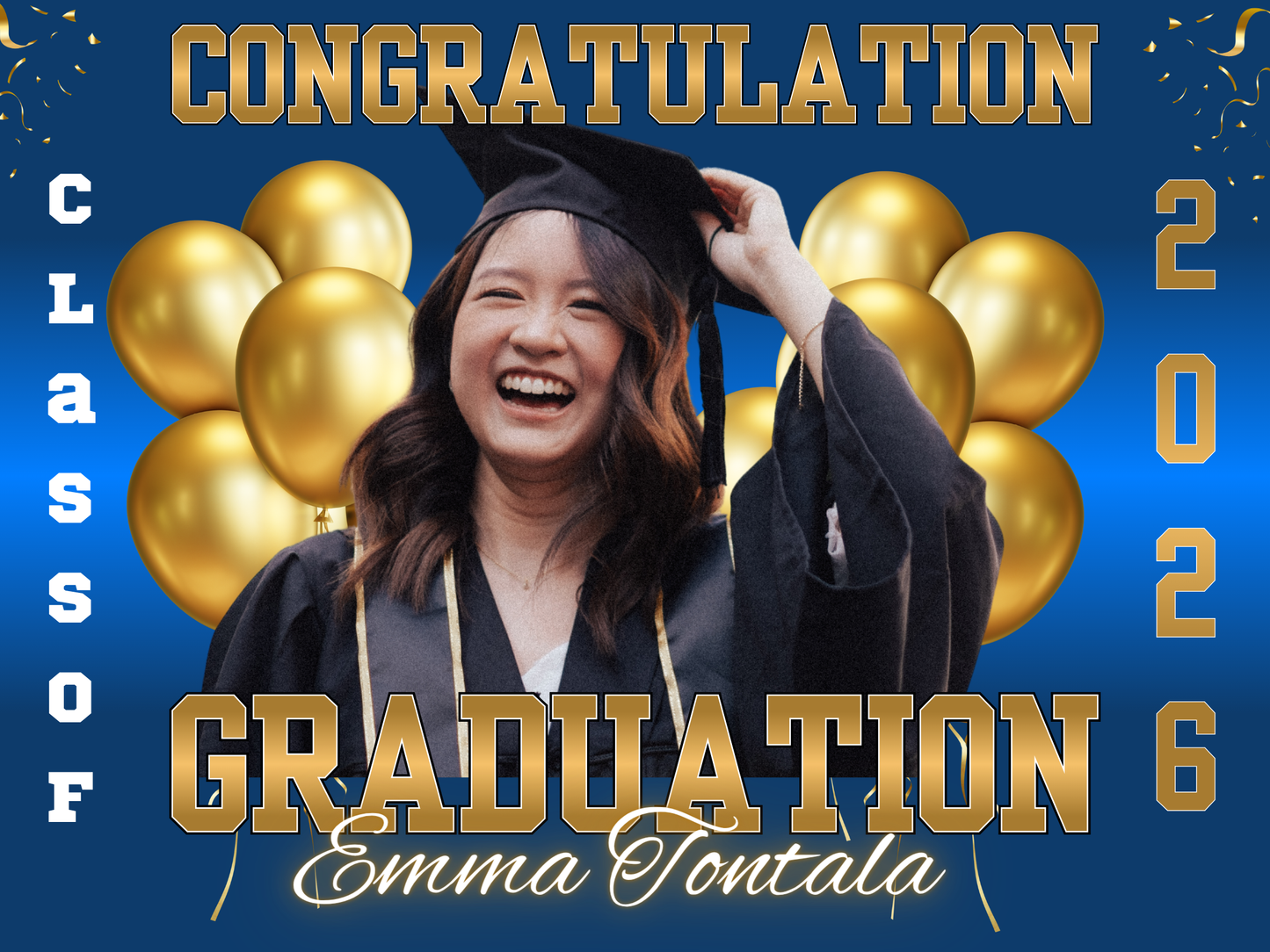 Graduation Yard Sign - Personalized 'Class of 2026' Photo Announcement with Gold Balloons & 'Congratulations'