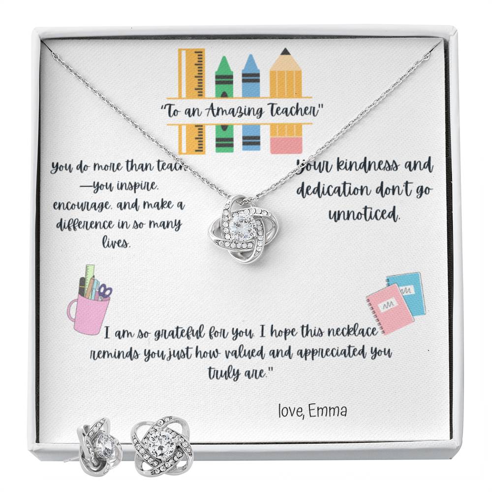 Love Knot Necklace & Earring Set for Teacher – Thank You Teacher Jewelry Gift for Teacher Appreciation, End of Year