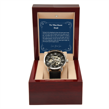 To My Dad Openwork Watch from Son – Luxury Automatic Skeleton Watch for Birthday, Father's Day & Christmas Gift